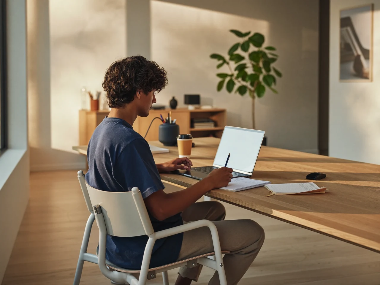 Teenager ved skrivebord foran computer til online lektion i lyst hjemmemiljø