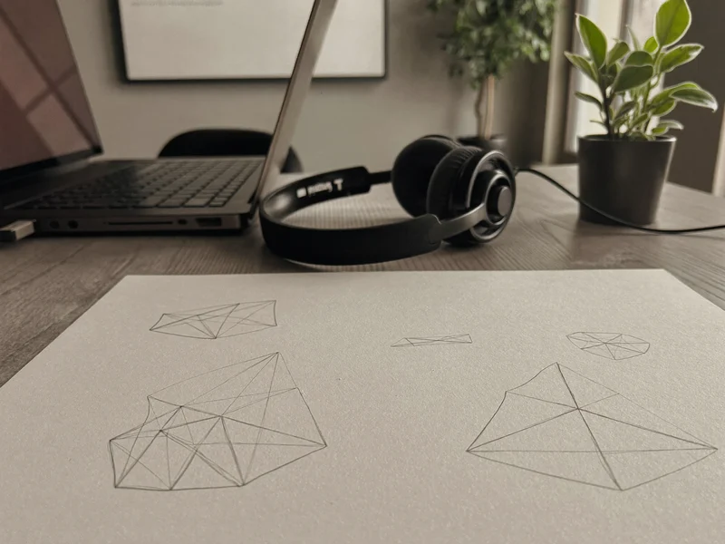 Underviserens forberedelsesbord med bærbar, headset og håndtegnet geometriskitse